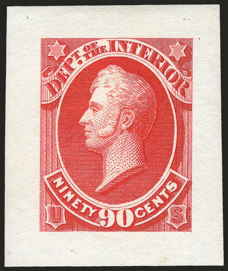 1c-90c Interior, Small Die Proofs (O15P3-O24P3).> Complete set of ten removed from gray card, radiant colors, 3c with small thin spot, otherwise Extremely Fine, attractive set