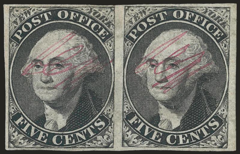 New York N.Y., 5c Black, ACM Initials (9X1).> Positions 14-15, horizontal pair, <original gum,> ample to huge margins, crisp impression<><>^VERY FINE. A RARE ORIGINAL-GUM MULTIPLE OF THE NEW YOURK POSTMASTERS
PROVISIONAL.^<><>With 1994 and 200