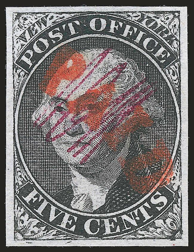New York N.Y., 5c Black, ACM Initials, Sperati Reproduction (Sperati 9X1).> Characteristic Sperati flaw, large margins, Very Fine, purple backstamp with ms. 156