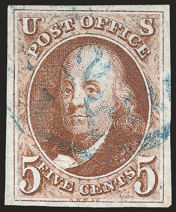 5c Red Brown (1).> Large margins, gorgeous rich color, light strike of <blue> integral-rate circular datestamp, Extremely Fine