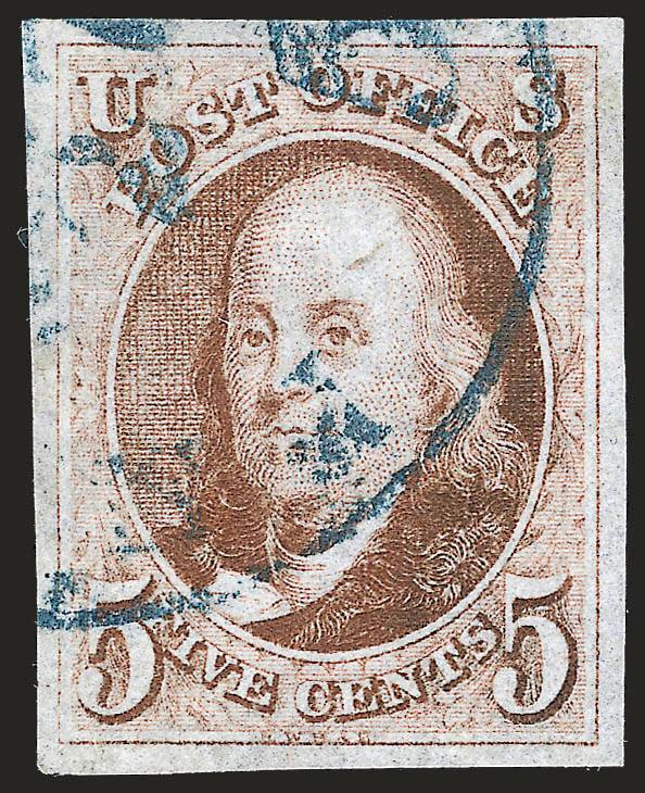 5c Red Brown (1).> Large margins all around, bright shade nicely complemented by <blue> integral-rate circular datestamp, fresh and Extremely Fine