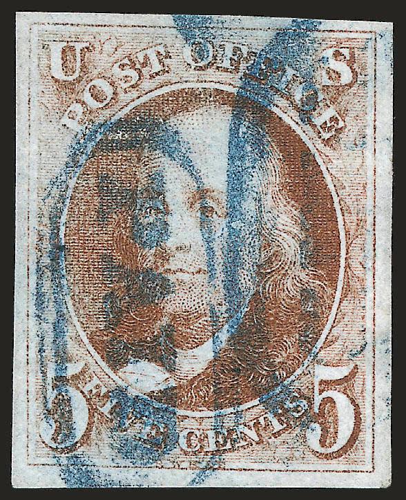 5c Red Brown (1).> Large even margins, rich color nicely complemented by <blue Paid> in oval cancels of Philadelphia, fresh and Extremely Fine, with 1997 P.F. certificate