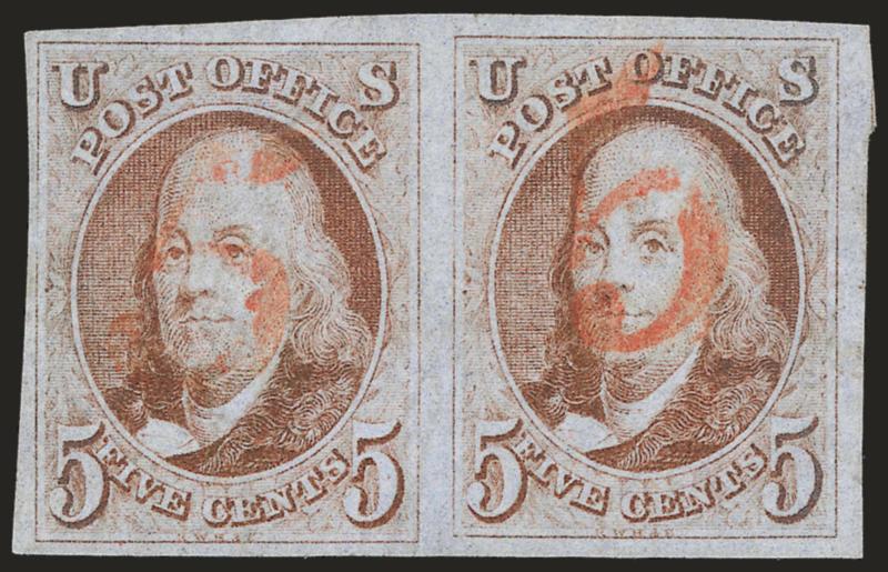 5c Red Brown (1).> Horizontal pair, three large to huge margins, ample to large at left, pretty shade, each with <red numeral 5 cancel,> Very Fine-Extremely Fine, right stamp a Gem, with 2006 P.F.
certificate