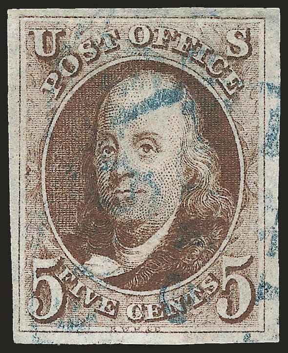 5c Dark Brown (1a).> Large margins to full at lower left, deep dark shade, unobtrusive <blue> cancel, Very Fine and choice, a stamp with great visual appeal