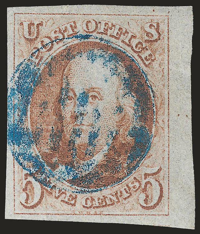 5c Orange Brown (1b).> Huge margins incl. <sheet margin> at right, brilliant color nicely complemented by <blue grid> cancel, Extremely Fine, a beautiful stamp, with 2007 P.S.E. certificate (XF 90 SMQ
$1,200.00)