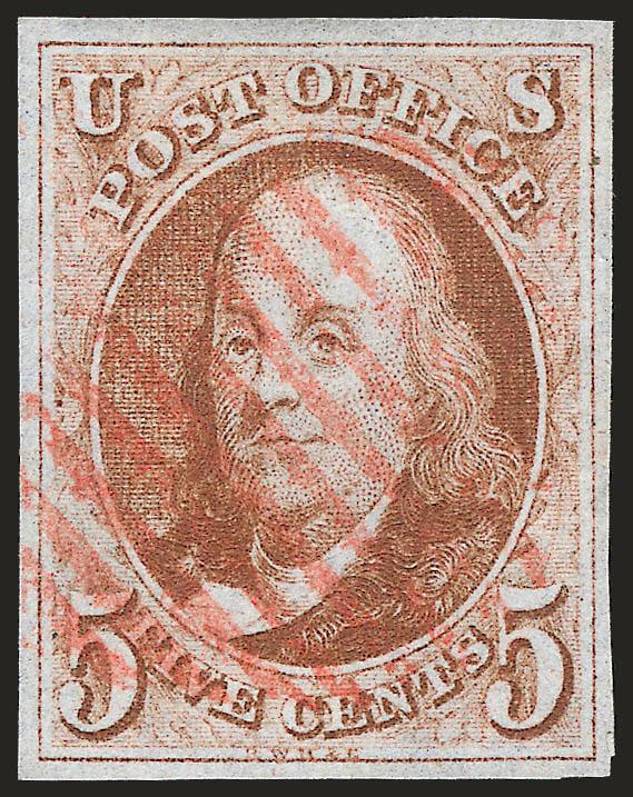 5c Brown Orange (1d).> Full to large margins, radiant color and early impression, neat strike of red New York square grid cancel, Very Fine and choice, a remarkably beautiful 5c 1847