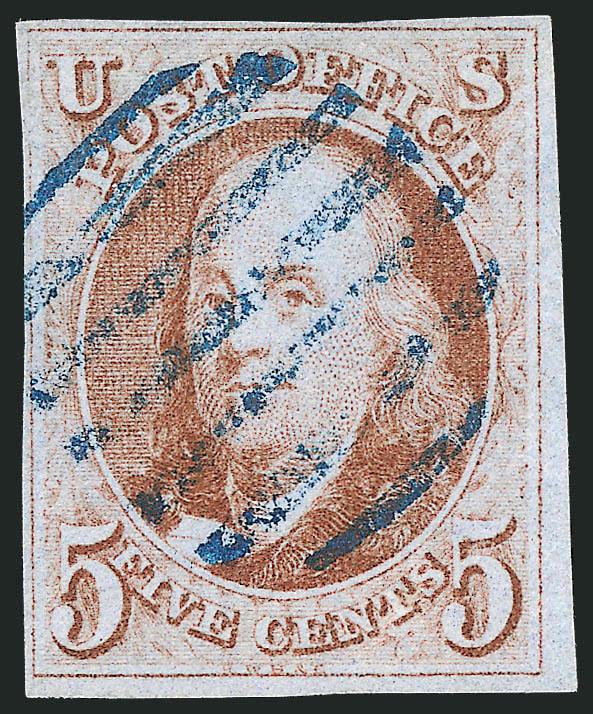 5c Brown Orange (1d).> Large margins to clear all around, bright shade nicely contrasted by <blue grid> cancel, Fine, scarce shade, with 2009 P.F. certificate