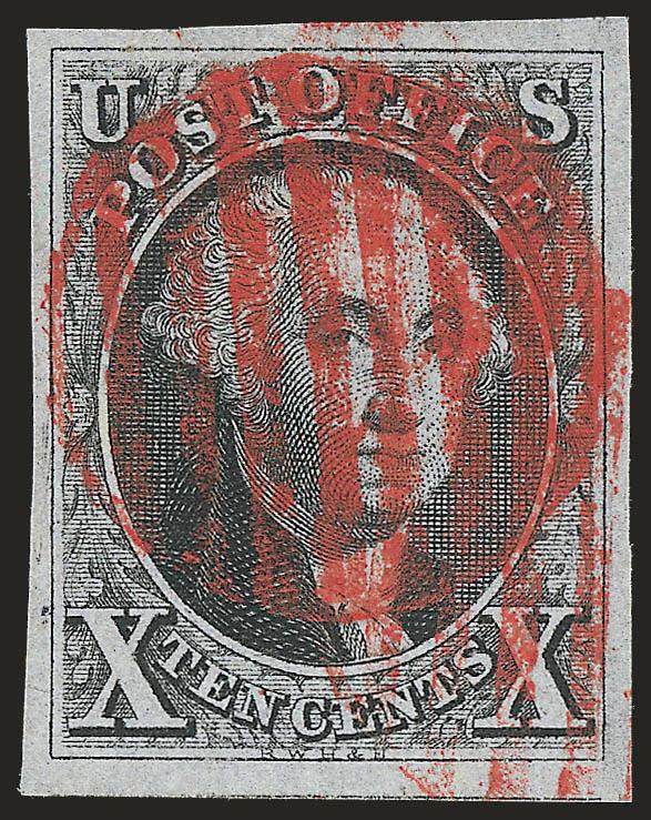 10c Black (2).> Large margins all around, bright shade and detailed impression nicely complemented by vivid paint red grid cancel, Extremely Fine, a beautiful stamp