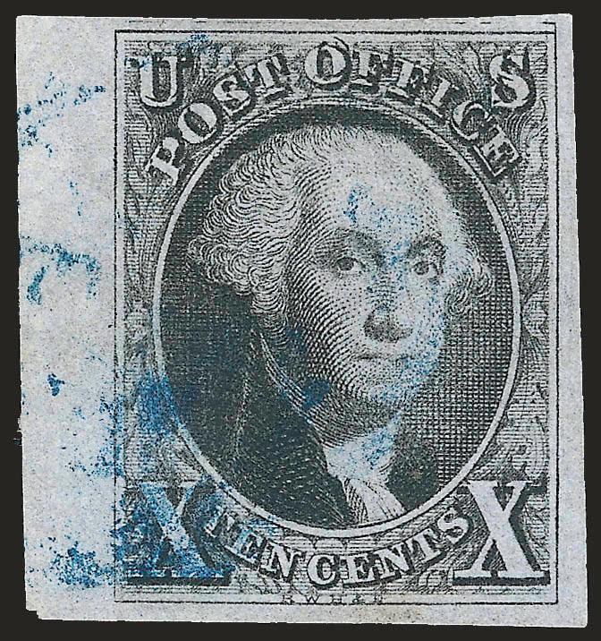 10c Black, Double Transfer Ty. B, Post Office (2-B).> Position 31R, large to gigantic margins including <left sheet margin,> light strike of blue circular datestamp, accompanying certificate describes faint
toned spot at bottom which appears to be