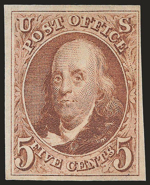 5c Red Brown, Reproduction (3).> Without gum as issued, large margins to ample at upper right, radiant color, Very Fine, with 1975 P.F. certificate