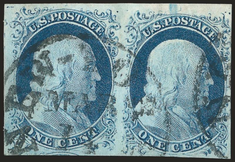1c Blue, Ty. IV-II (9-7).> <Positions 3-4R1L,> right stamp Type II, huge margins to barely touched incl. part of sheet margin at top and part of two adjoining stamps, rich color, neat New-York Mar. 14 circular
datestamps, right stamp also with addi