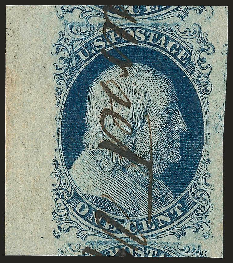 1c Blue, Ty. II (7).> Plate 2, enormous margins all around including portions of adjoining stamps above and below and <large sheet margin at left,> cancelled by bold ms. town postmark, deep rich
color<><>^EXTREMELY FINE. A SPECTACULAR 1851 ONE-CENT