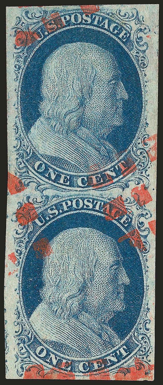 1c Blue, Ty. II (7).> Positions 8696R2, vertical pair, large to huge margins, rich color nicely complemented by <bright red> face-free segmented cork cancels, Extremely Fine, a gorgeous pair