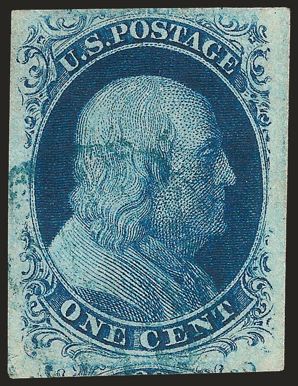 1c Blue, Ty. II, Plate 3 (7 var).> Plate 3, possibly Position 74R3, huge margins incl. part of adjoining stamp at bottom, intense shade and impression, <blue> cancel, Extremely Fine, a scarce stamp from Plate
3