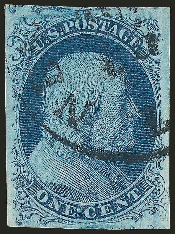 1c Blue, Ty. II, Plate 3 (7 var).> Large even margins incl. part of adjoining stamps at top and bottom, intense shade, neat strike of circular datestamp, Extremely Fine, a beautiful stamp, with 1980 P.F.
certificate