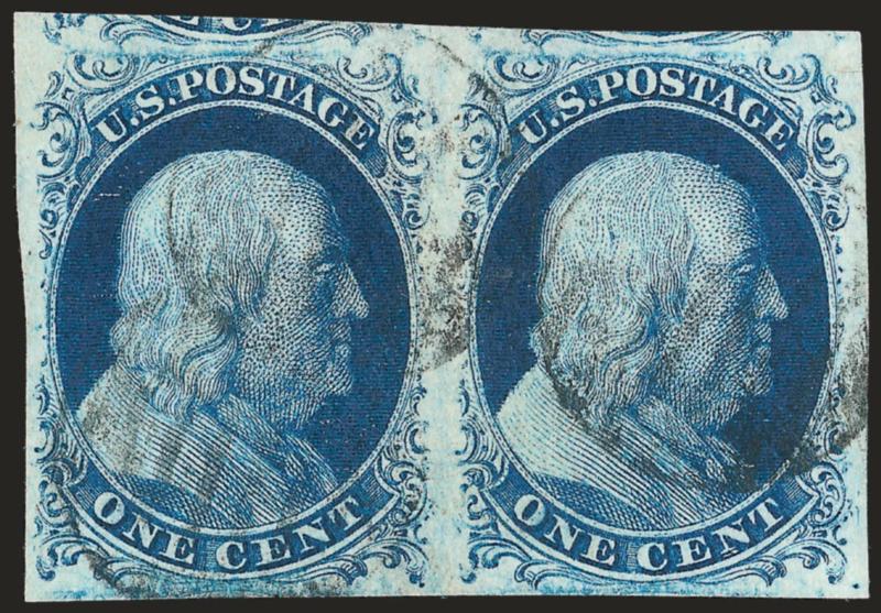 1c Blue, Ty. II, Plate 3 (7 var).> Positions 67-68L3, horizontal pair, huge margins to clear incl. part of adjoining stamps at top, rich color on crisp paper, unobtrusive strikes of grid cancel<><>^EXTREMELY
FINE. A SCARCE PAIR OF THE 1851 ONE-CENT