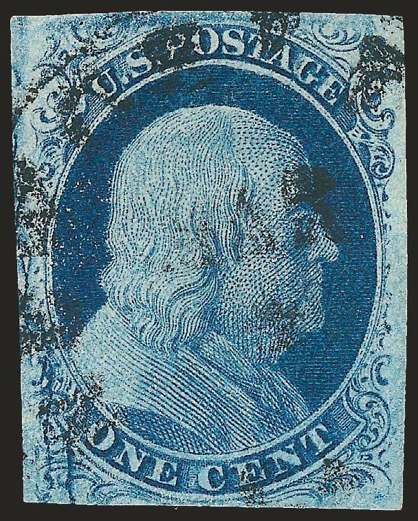 1c Blue, Ty. II, Cracked Plate (7 var).> Position 13L2, large margins to just touched at bottom, clearly showing the plate crack at left, neat strike of circular datestamp, Very Fine and choice