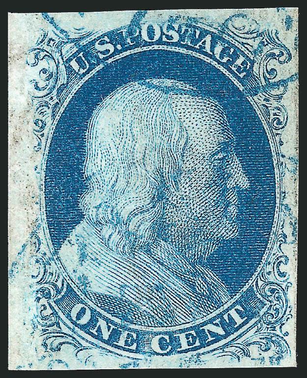 1c Blue, Ty. III (8).> Plate 4, large to huge margins, vibrant color, clear breaks at both top and bottom (the characteristic of the type), face-free blue town cancels<><>^EXTREMELY FINE. A BEAUTIFUL USED
EXAMPLE OF THE IMPERFORATE ONE-CENT TYPE II