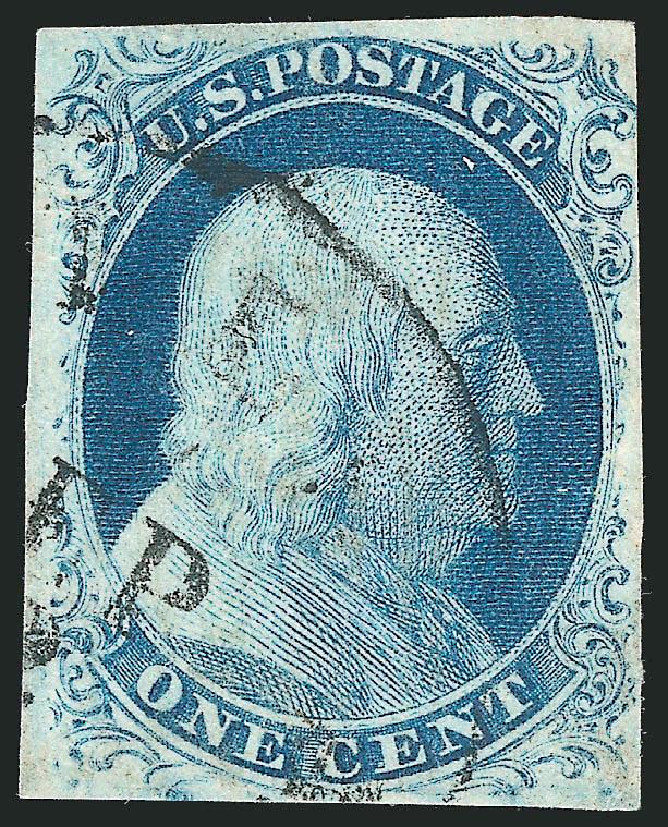 1c Blue, Ty. IIIa (8A).> Plate 4, margins essentially all around, dark color with light circular datestamp, tiny corner crease, Very Fine appearance, with 1979 P.F. certificate