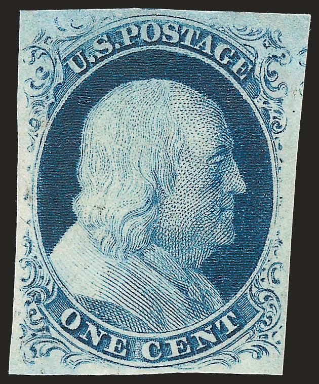 1c Blue, Ty. IV (9).> Original gum, lightly hinged, recut once at top and bottom, full to large margins, deep rich color, Very Fine and choice, with 1997 and 2006 P.F. certificates (VF-XF 85)