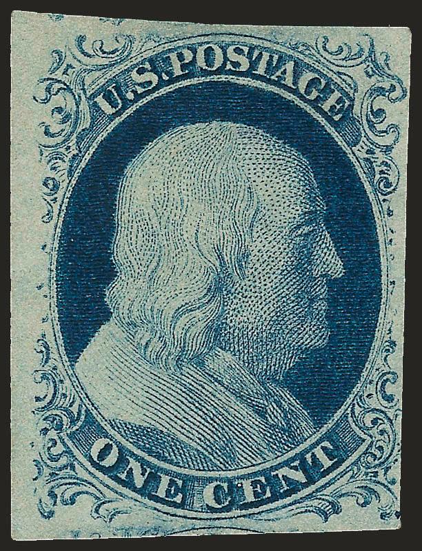 1c Blue, Ty. IV (9).> Position 21R1L, original gum, huge margins to just in, deep rich color and proof-like impression, Fine