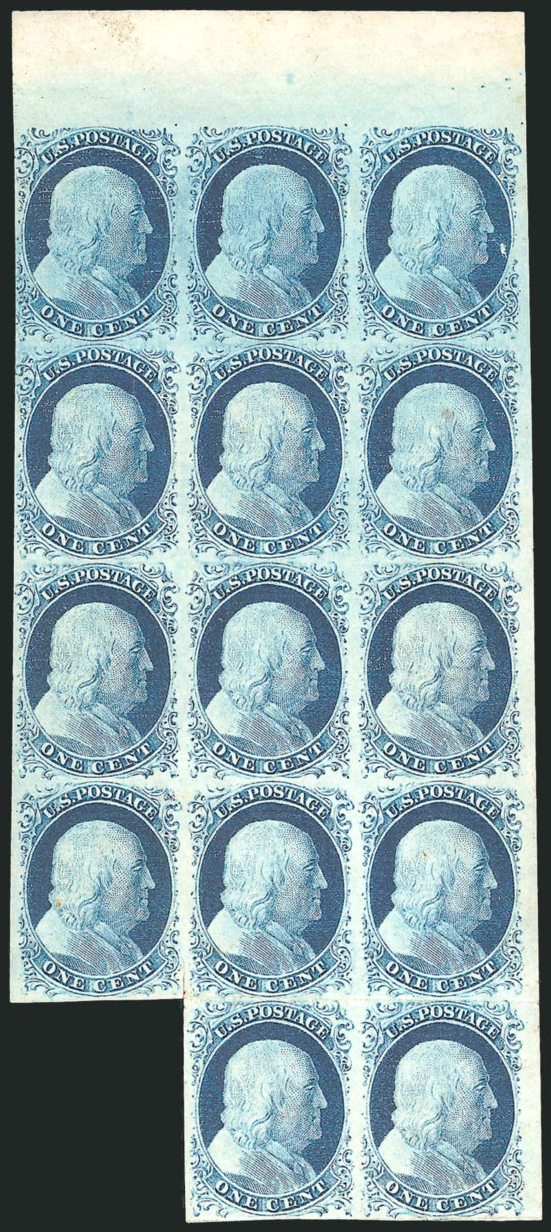 1c Blue, Ty. IV (9).> Block of fourteen, Positions 8-1018-2028-3038-4049-50L1L, unused (no gum), large margins incl. <sheet margin at top and right,> touched at upper left, beautiful intense shade and
impression, six stamps have small faults incl