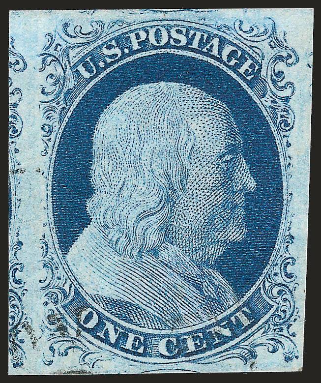 1c Blue, Ty. IV (9).> Large to huge margins showing part of adjoining stamp at left, light face-free cancel, Extremely Fine Gem, with 2007 P.S.E. certificate (XF-Superb 95 SMQ $690.00)