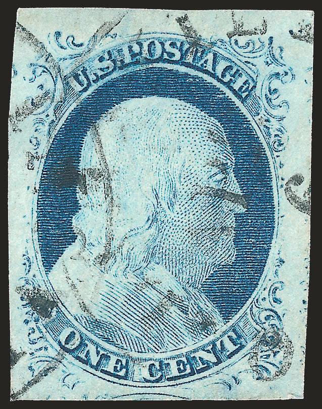 1c Blue, Ty. IV (9).> Position 3L1L, recut twice at bottom, huge margins all around incl. <sheet margin> at top and part of adjoining stamp at bottom, bright color, neat strikes of circular datestamp, Extremely
Fine Gem, a beautiful stamp, ex Newbury