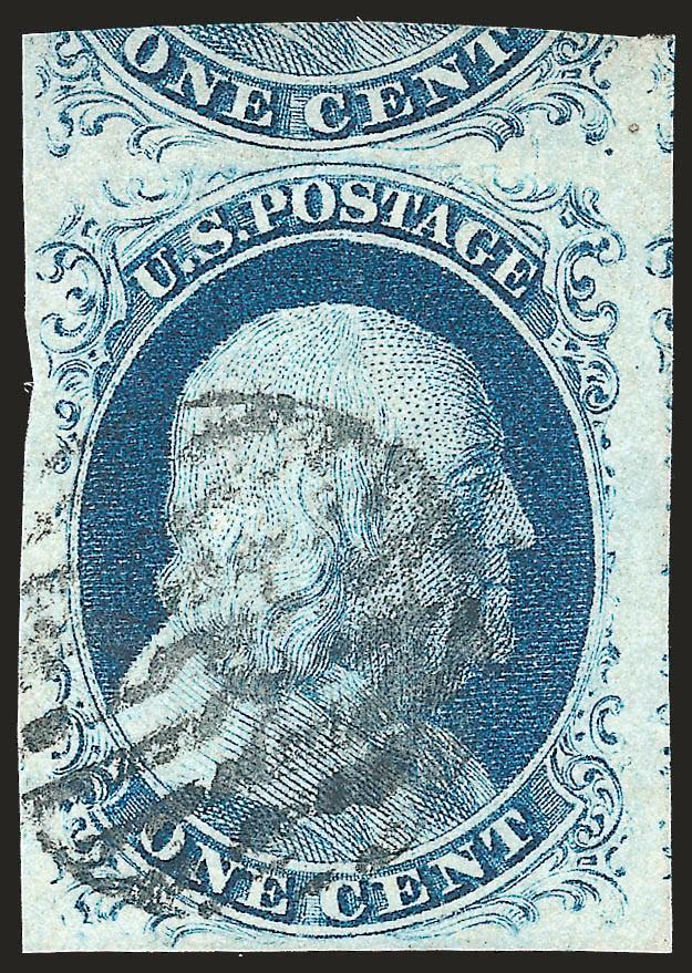 1c Blue, Ty. IV (9).> Position 53R1L, recut once at top and once at bottom, large to huge margins incl. significant portion of adjoining stamp at top, rich color, neat grid cancel, Extremely Fine