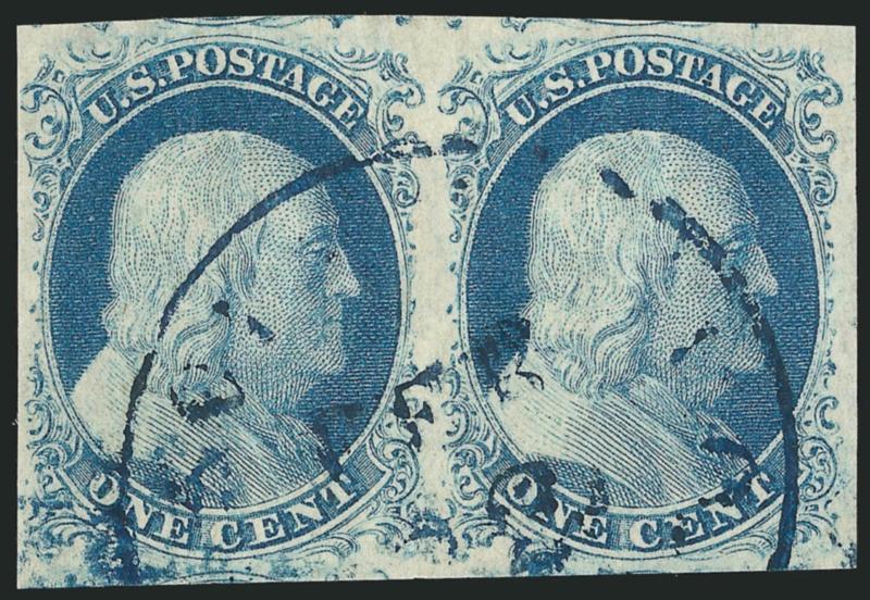 1c Blue, Ty. IV (9).> Positions 36-37L1L, horizontal pair, large margins all around incl. part of adjoining stamps at top and bottom, pretty shade, neat strike of <blue> circular datestamp, Extremely Fine, a
pretty pair
