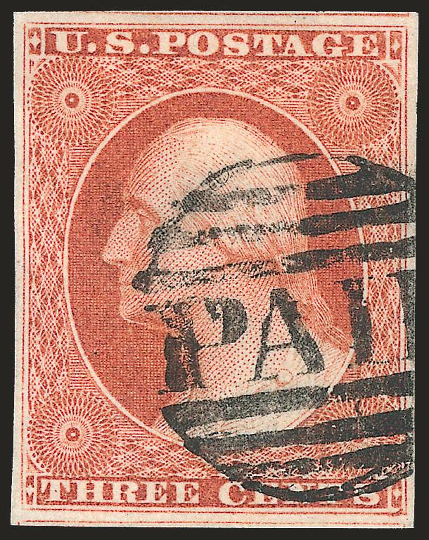 3c Orange Brown, Ty. I, II (10, 10A).> One of first and five of second, incl. Positions 62LO, 48RO, 15L1E, 91R5E, 8L2E, large margins, bright colors, range of cancels incl. two with small Boston Paid grid, Very
Fine group, one with 1985 P.F. certif