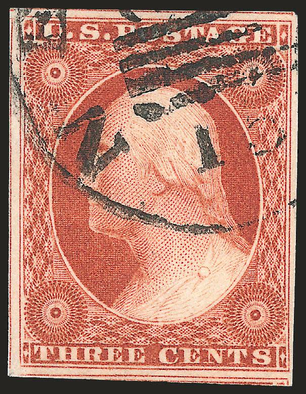 3c Orange Brown, Ty. II (10A).> Huge margins all around incl. part of four adjoining stamps, brilliant color, neat strike of New York circular datestamp, Extremely Fine Gem, with 1994 P.F. certificate