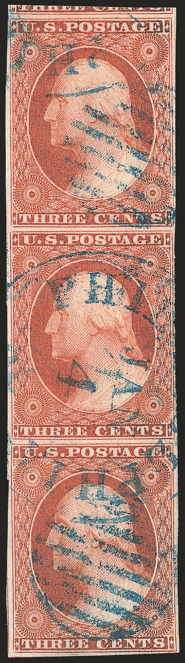 3c Orange Brown, Ty. II (10A).> Positions 485868L5E, vertical strip of three, huge margins to clear incl. part of adjoining stamp at top, rich color nicely complemented by <blue> Philadelphia circular
datestamps and matching grids, Very Fine and ch