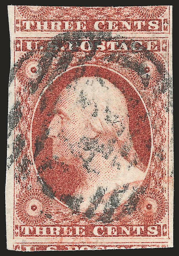 3c Brownish Carmine (11).> Jumbo margins incl. parts of adjoining stamps at top and bottom, lovely rich color, bold strike of large Boston Paid in circle, Extremely Fine Gem, with 2008 P.S.E. certificate
(XF-Superb 95 Jumbo SMQ $265.00 as 95, $600