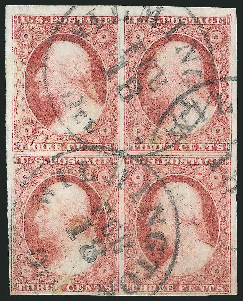 3c Claret, Ty. I (11).> Block of four, ample to huge margins incl. top sheet margin, attractive color, neat Wilmington Del. Feb. 18 circular datestamps, slight natural dry print on top left stamp and pressed
crease, otherwise Very Fine-Extremely
