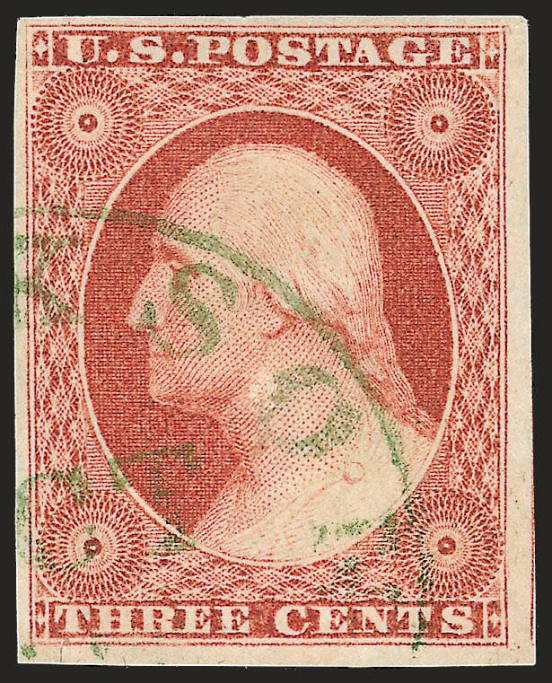 3c Dull Red, Ty. II (11A).> Large margins all around, brilliant color, neat strike of <green> circular datestamp, Extremely Fine Gem, scarce with the green cancel, with 2006 P.S.E. certificate (XF 90 SMQ $75.00
with no premium for the colored cancel