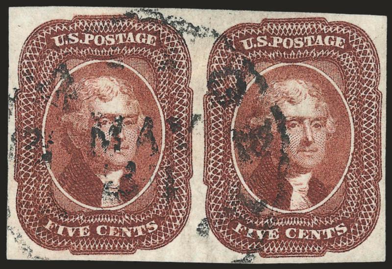 5c Red Brown (12).> B Relief, large even margins all around, beautiful warm shade, neat strike of New Orleans La. May 21 circular datestamp<><>^EXTREMELY FINE. A PRISTINE HORIZONTAL PAIR OF THE 5-CENT 1856
ISSUE.^<><>Ex Mayer and illustrated in