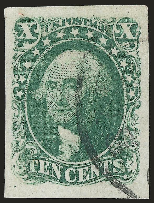 10c Green, Ty. I (13).> Huge margins to large at left, attractive color with circular datestamp cancel, light crease, Extremely Fine appearance, with 1969 P.F. certificate