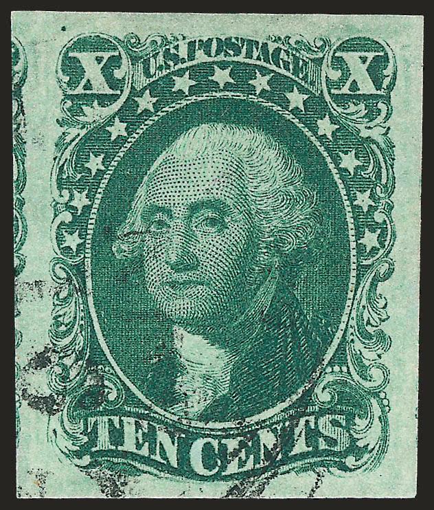 10c Green, Ty. II (14).> Large to huge margins incl. part of adjoining stamp at left, bright shade, face-free cancel, Extremely Fine Gem, a superb stamp in every respect