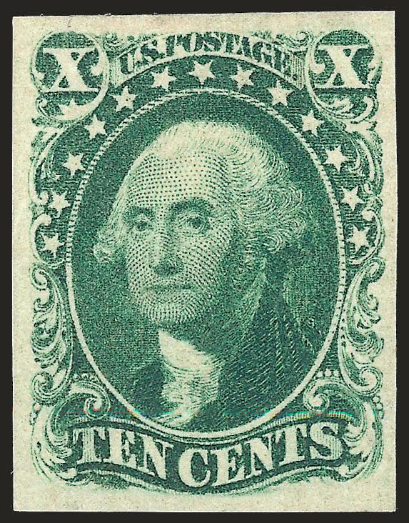 10c Green, Ty. III (15).> Original gum, full well-balanced margins, magnificent color and impression on bright paper, light diagonal crease at top left, Extremely Fine appearance, with 2005 P.F.
certificate