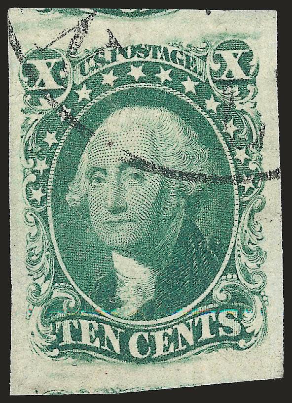 10c Green, Ty. III (15).> Large to enormous Jumbo margins showing traces of adjoining stamps at top and bottom, bright color and light circular datestamp, Extremely Fine Gem, with 2009 P.S.E. certificate
(XF-Superb 95 Jumbo SMQ $590.00 as 95, $1,250