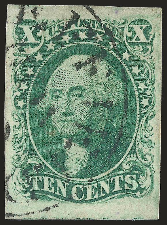 10c Green, Ty. III (15).> Large to huge margins, rich color, circular datestamp, Extremely Fine, with 2007 P.S.E. certificate (XF 90 Jumbo SMQ $320.00 as 90, $590.00 as 95)