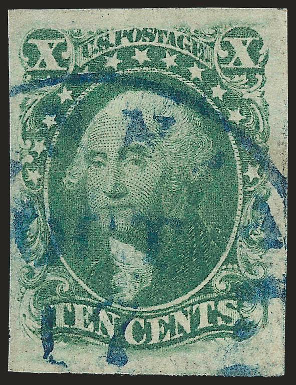 10c Green, Ty. III (15).> Position 46L1, huge margins to full, pretty shade nicely complemented by <blue> circular datestamp, Extremely Fine, ex Klein