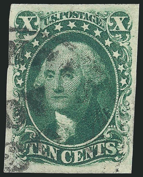 10c Green, Ty. III (15).> Full to large margins, wonderful deep rich color and neat circular datestamp, Very Fine and choice