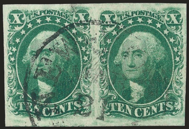 10c Green, Ty. III (15).> Horizontal pair, large margins, bright shade, neat strike of circular datestamp, tiny thin speck at far left, Very Fine appearance