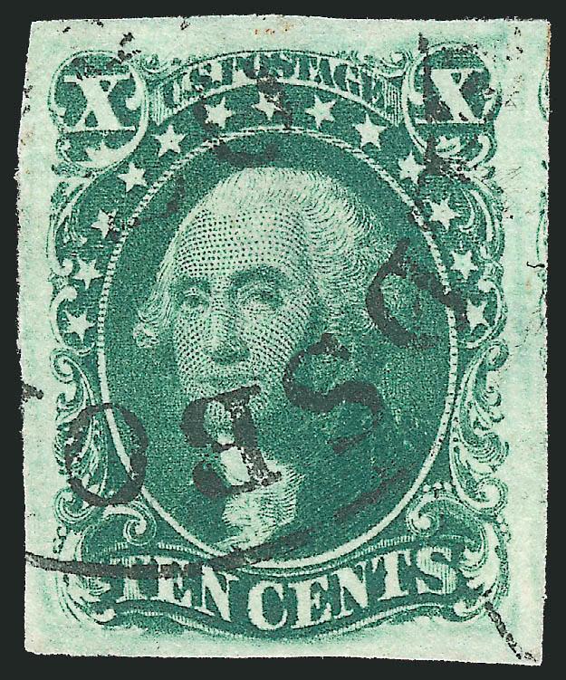10c Green, Ty. IV (16).> Position 86L1, recut at top, enormous margins all around, deep rich color, neat strike of circular datestamp<><>^EXTREMELY FINE GEM. A TRULY SPECTACULAR LARGE-MARGINED EXAMPLE OF THE
1855 10-CENT TYPE IV.<><>With 1990 P.F