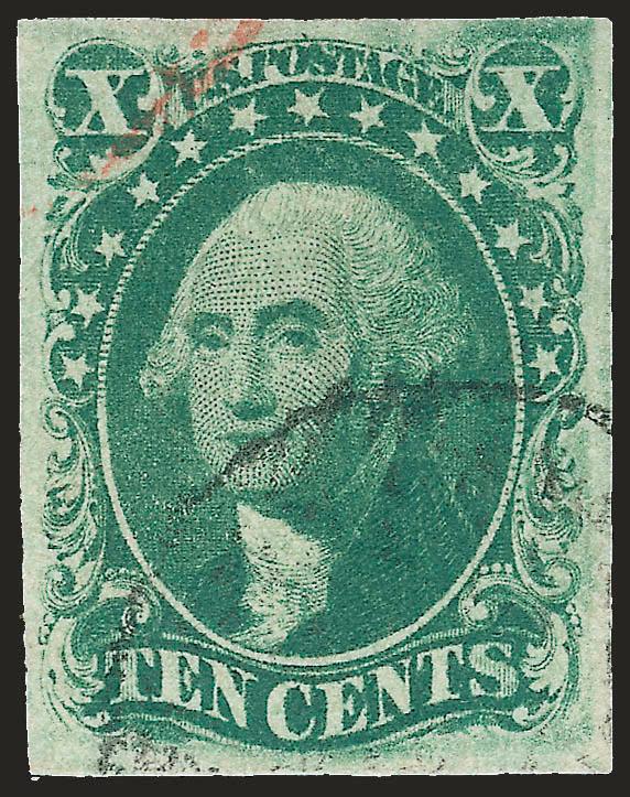10c Green, Ty. IV (16).> Position 65L1, recut at top, large balanced margins, pretty shade, neat strike of circular datestamp and also trace of red cancel at top<><>^EXTREMELY FINE. A BEAUTIFUL USED EXAMPLE OF
THE 1855 10-CENT TYPE IV.^<><>With 1
