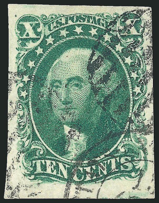 10c Green, Ty. IV (16).> Position 74L1, recut at top, huge margins incl. part of adjoining stamp at bottom, rich color, cancelled by grid, circular datestamp and also by <French transit datestamp><><>^EXTREMELY
FINE. A LOVELY USED EXAMPLE OF THE 18
