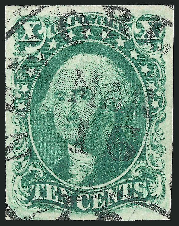 10c Green, Ty. IV (16).> Position 3R1, the so-called misplaced relief position, recut at top, large margins all around, brilliant color, neat strike of New Orleans La. Jan. 16 circular datestamp with month slug
inverted<><>^EXTREMELY FINE. A BE