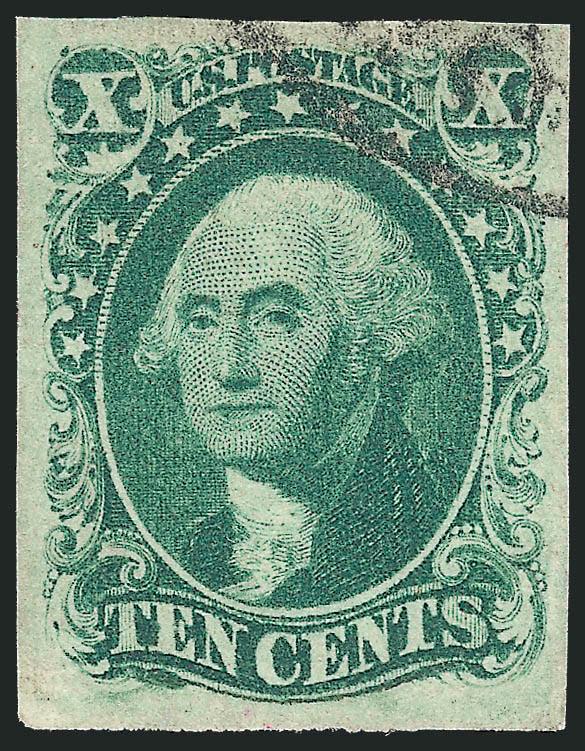 10c Green, Ty. IV (16).> Position 54L1, recut at bottom, large even margins, bright color, face-free strike of circular datestamp, tiny tear at top in margin only not mentioned on accompanying certificate,
Extremely Fine appearance, with 1975 P.F. ce